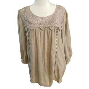 Fig and Flower Taupe Blouse with Lace‎ Yoke and Front Details Size Small